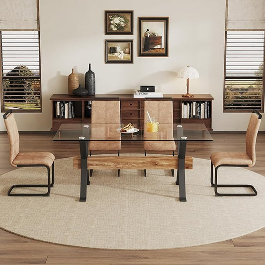 5 Piece Glass Dining Table Set, Kitchen Table Chairs Set for 4, 71'' Dining Table with 0.4" Tempered Glass Tabletop with Plated Metal Legs and MDF Crossbar, 4 PU Chairs for Dining Room, Kitchen.