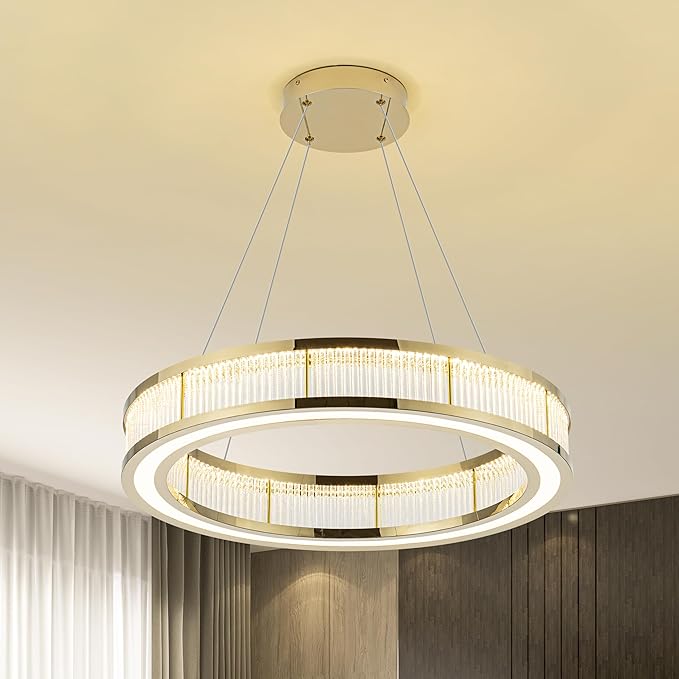 Modern Gold Led Pendant Light,50W Dimmable LED Chandelier Lighting Fixture, 1 Ring Circular Hanging Led Pendant Lighting for Living Room Dining Room Kitchen Island Foyer Office