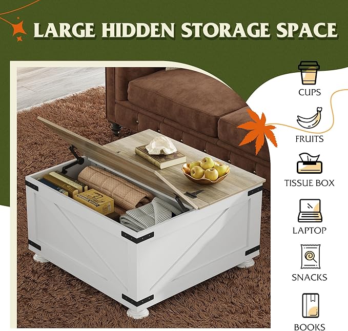 WLIVE Farmhouse Coffee Table, 31.5" Square Wood Center Table with Flip-Top Lids and Large Hidden Storage Compartment for Living Room, Bedroom, White