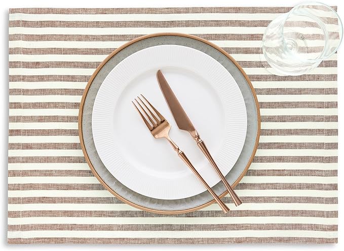 Solino Home Linen Cloth Placemats Set of 4 - Amalfi Stripe 100% Pure Linen Brown and Cream Farmhouse Placemats 14 x 19 Inch for Fall, Autumn, Thanksgiving