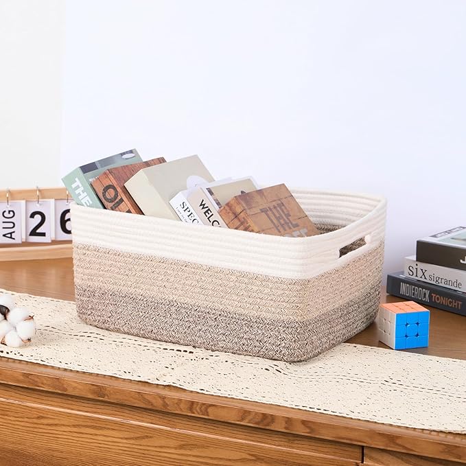 Large Storage Baskets for Organizing, Closet Shelf Baskets for Clothes Blanket Towels, Baby Nursery, Toy Bins Box, Woven Rope Baskets, 17 x 13 x 7.5”, 4 Packs Gradient Brown