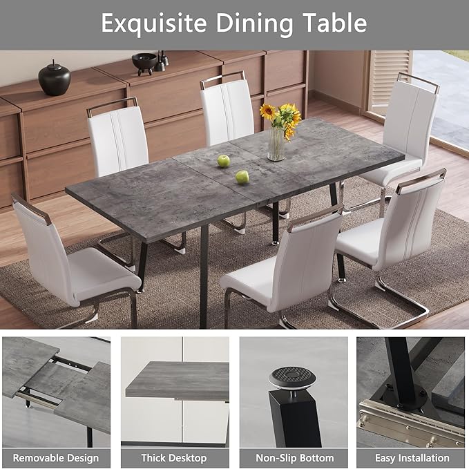 7 Piece Dining Table Set for 6-8,55-71" Extendable Dining Table Set with 6 Upholstered Chairs,Rectangle Kitchen Table Set for Small Space,Dining Room and Office,Grey