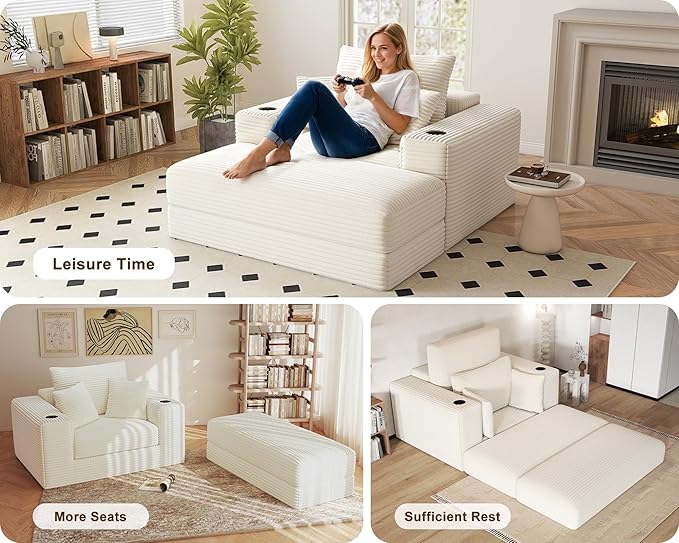 62" Oversized Chaise Lounge Chair Indoor, Fluffy Corduroy Upholstered Boneless Couch, Convertible Sleeper Sofa Bed & Reading Chair, Cloud Sofa Couches for Living Room, No Assembly, Beige