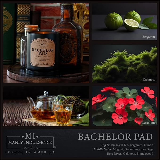 Manly Indulgence Bachelor Pad Scented Candles for Men, 16.5 oz Single Wick, Premium Soy Blend Wax, 60H Burn, Candles for Home Scented – Made in The USA