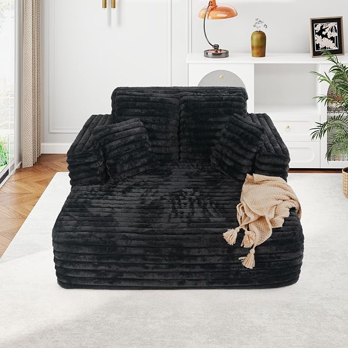 56"W Oversized Chaise Lounge Chair Indoor,Plush Faux Fur Sleeper Sofa Couch Bed with Pillows&Wide Armrest,Fluffy Comfy Cloud Sofa,Compression Foam Boneless Couch for Living Room,Bedroom(Black)