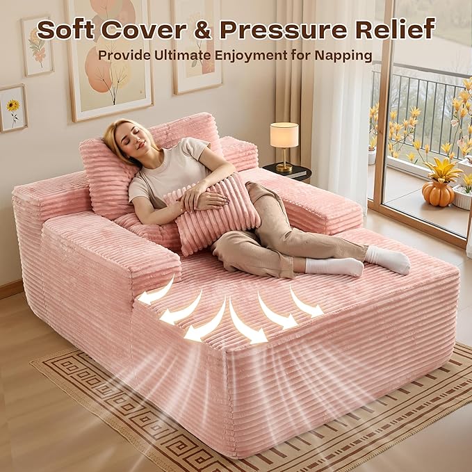 Chaise Lounge Sleeping Couch, 67" L * 48.5" W Oversized Assembly Free Modern Minimalist Sofa, Extra Deep Large Single Seat Sofa, Free Standing Floor Couch for Living Room (Pink Plush Fabric)