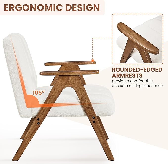 Yaheetech Boucle Fabric Mid Century Accent Chair, Modern Upholstered Living Room Chairs with Solid Wood Legs, Reading Armchair for Small Spaces Bedroom, White