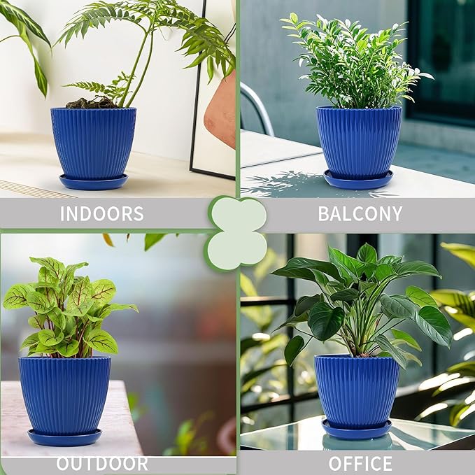 Plant Pots Indoor with Saucers & Drainage - 6 Pack Flower Pots - Plastic Planters for Indoor Planter - 7.5/6.6/5.8/5.0/4.3/3.5 inches Sizes for All Different Types of Plants-Dark Blue