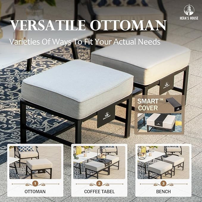 HERA'S HOUSE 6 Piece Patio Furniture Set, 2 x Swivel Cushioned Chair, 2 x Cushioned Ottoman, 1 x 3-Seat Sofa with Marbling Coffee Table, Outdoor Conversation Set for Lawn Garden Backyard