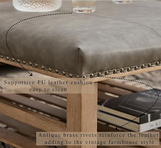 Large Square Coffee Table with Storage,Modern Faux Leather Ottoman Coffee Table,Luxury Upholstered Couch Table for Living Room/Sofa/Bedroom,Grey