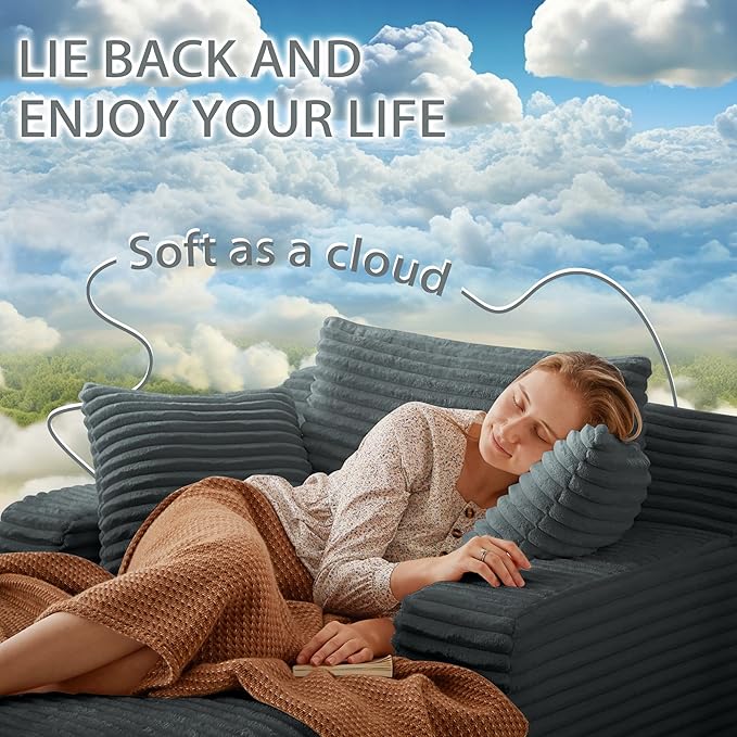 Boneless Couch Sofa Chiar Chaise Lounge Chair Indoor Upholstered Corduroy Couch Cloud Sleeper Sofa Oversized Reading Chair for Living Room No Assembly Required (Dark Grey, 50" W x 80" D)