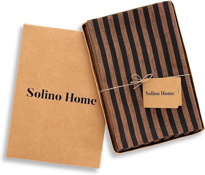 Solino Home Linen Napkins Set of 4-100% Pure Linen Amalfi Stripe Pumpkin and Black Cloth Dinner Napkins 20 x 20 Inch for Fall, Autumn, Halloween, Thanksgiving - Handcrafted and Machine Washable