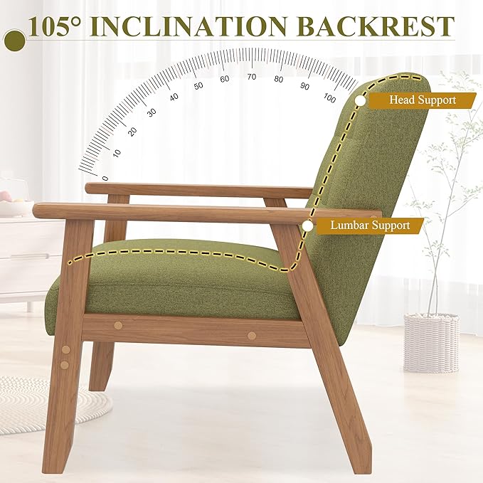 Westice Accent Chairs Set of 2 with Side Table, Mid-Century Modern Leisure Chairs with Coffee Table, Retro Wood Armchair, Comfy Lounge Side Chair for Living Room, Bedroom, Green Linen & Natural Frame