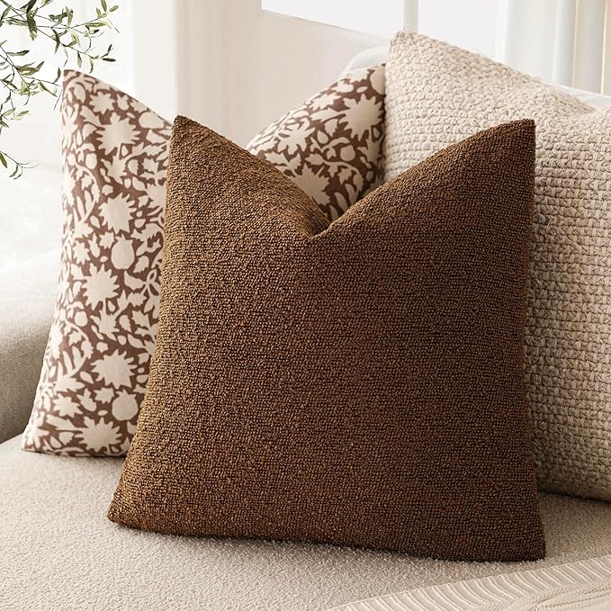 Foindtower Set of 2, Decorative Textured Boucle Throw Pillow Covers Accent Solid Pillow Cases Neutral Soft Cozy Couch Cushion Case for Chair Sofa Bedroom Living Room Home Decor 24x24 Inch Hazel Brown