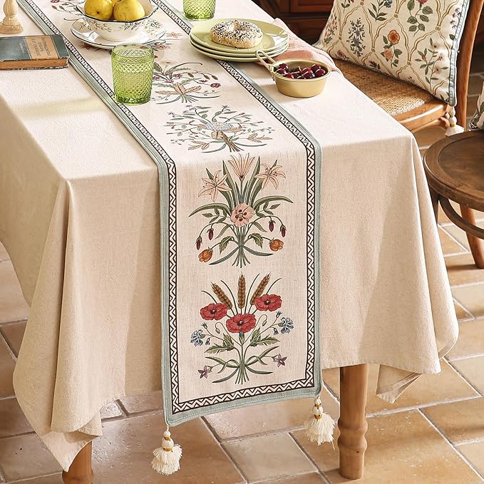 Designer French Country Linen Table Runner 87 Inches Long,Elegant Colorful Floral Pattern Table Runners for Dining Tables,Thanksgiving,Christmas,Kitchen Decor,12"*87"-Serenity F