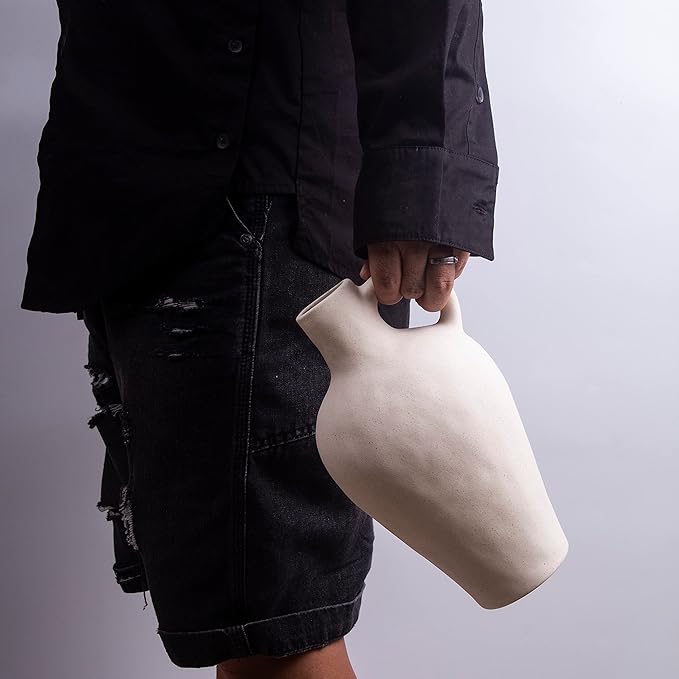 BlossoME Antique Ceramic White Vase for Home Decor, Stoneware Jug for Room Centerpiece, Rustic, Farmhouse and Vintage Pottery Gifts, Matte, with Handle-Height 10”