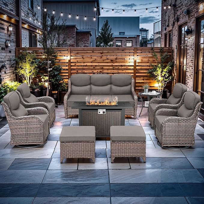 Luxury High Back Outdoor Furniture with 6-inch Extra Thick Cushions, Patio Furniture Set with Fire Pit Table & Swivel Chairs, 9 PCS Wicker Conversation Set for Yard, Deck, Poolside, Brown/Grey