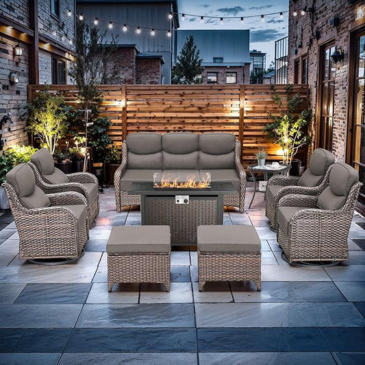 Luxury High Back Outdoor Furniture with 6-inch Extra Thick Cushions, Patio Furniture Set with Fire Pit Table & Swivel Chairs, 9 PCS Wicker Conversation Set for Yard, Deck, Poolside, Brown/Grey
