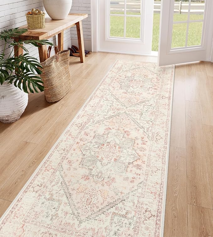 LIVEBOX Washable Oriental Runner Rug 2.5x8 - Long Vintage Tribal Pink for Kitchen Boho Non-Slip Hallway, Low-Pile Accent Throw Area Rug for Laundry Room