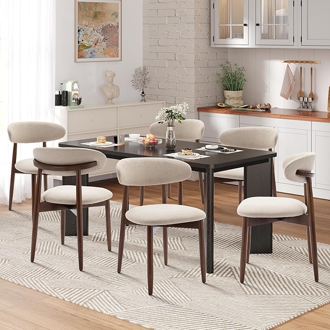 7-Piece Rectangular Dining Table Set for 6, 63" Industrial Kitchen Table with 6 Wooden Upholstered Dinner Chairs for Dining Room, Kitchen, Living Room, Black+Beige