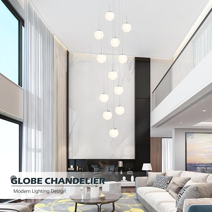 KoKo&Yukina 12-Light Nickel Mid Century Modern Chandelier for Living Room Staircase Chandelier for Entryway Globe Milky White Glass Pendant Light High Ceiling Chandeliers Foyer (Bulb & Remote Incl.)