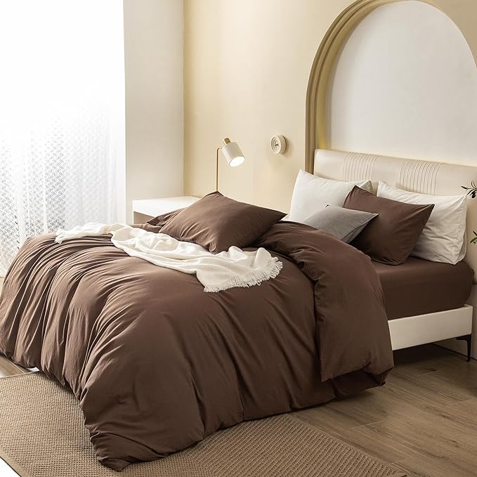 JIYUAN 100% Washed Cotton Duvet Cover Set 3 Pieces Oversized Queen, 1 Duvet Cover 98x98 Inches(Comforter Not Included) and 2 Pillowcases,Linen Feel Bedding Set Comfy and Breathable,Chocolate Brown