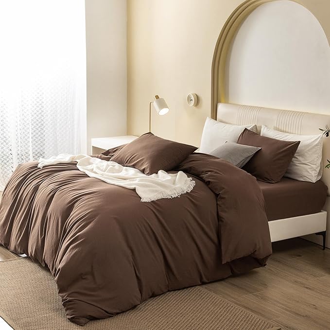 JIYUAN 100% Washed Cotton Duvet Cover Set 3 Pieces Oversized King, 1 Duvet Cover 120x98 Inches(Comforter Not Included) and 2 Pillowcases,Linen Feel Bedding Set Comfy and Breathable,Chocolate Brown