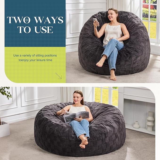 Hobestluk Bean Bag Chairs Beanbag Chair with Filler Adult Bean Bags with Fluffy Cover, Giant Bean Bag Chairs for Adults for Living Room, Bedroom (Dark Grey, 5FT - 50” x 50” x 24”)