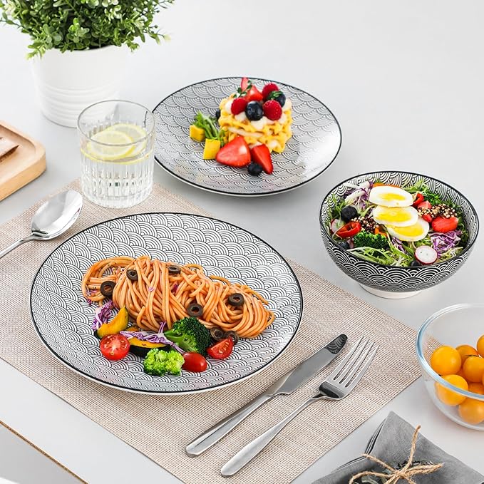 vancasso Haruka 12 Pieces Plates and Bowls Set, Ceramic Dinnerware Sets for 4, Black and White Porcelain Dishes Set
