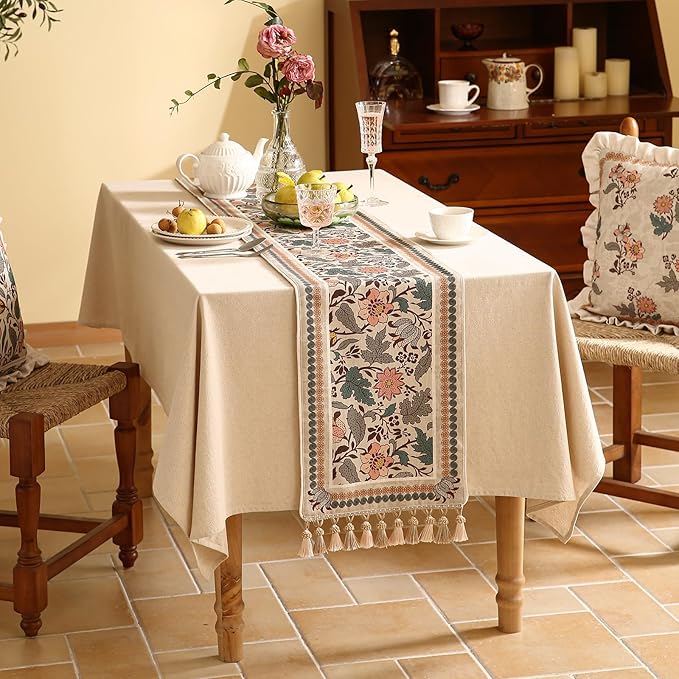 Designer Bohemian Linen Table Runner 87 Inches Long,Elegant Lotus Flowers Pattern Decor Table Runners for Dining Tables,Thanksgiving,Kitchen Tables,Christmas,12"*87"-Hazel A