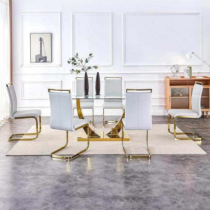 63” Glass Dining Table Set for 6,Gold Dining Room Table Set for 6,Modern Kitchen Table and PU Leather Chairs for 6, Dinner Table with Rectangle Tempered Glass Top and Golden Base