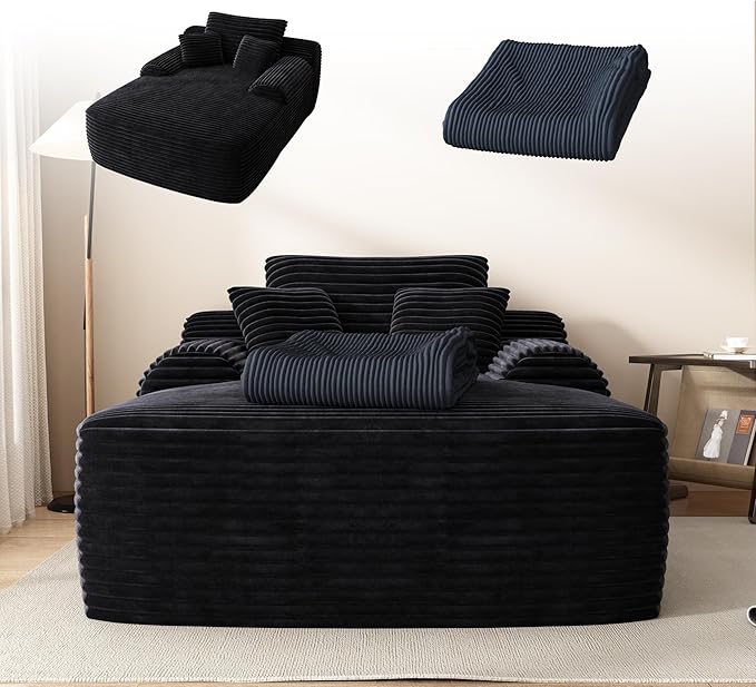 67" Oversized Chaise Lounge Chair with Cover, Comfy Sleeper Sofa Bed, Black Plush Corduory Couch for Living Room,Sofa in A Box,No Assembly Required (Corduroy Blue Cover).