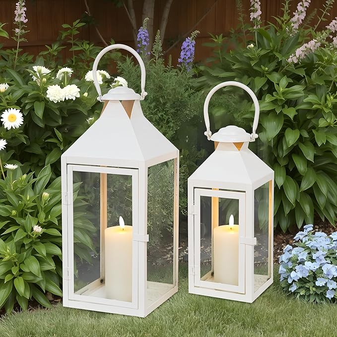 JHY DESIGN Set of 2 Cream Decorative Lanterns 17.5inch&13.5inch Metal Candle Lanterns for Indoor Outdoor Events Paritie and Weddings Vintage Style Hanging Lantern
