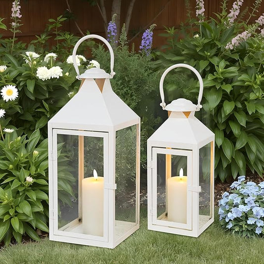 JHY DESIGN Set of 2 Cream Decorative Lanterns 17.5inch&13.5inch Metal Candle Lanterns for Indoor Outdoor Events Paritie and Weddings Vintage Style Hanging Lantern