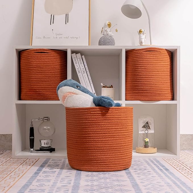 voten Storage Cubes Baskets Bins Organizer 11x11x11'' Fit 12x12''Cube Bookcases Shelf,Durable Woven Cotton Storage Basket for Organizing,Round 3Pack Brick Red