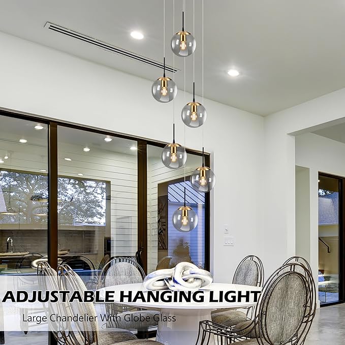 KoKo&Yukina Gold 6-Light Globe Chandelier Modern Globe Pendant Light Dining Light Fixtures Ceiling Hanging Stairwell Lighting Adjustable Staircase Lights Grey Glass Light Fixture for Kitchen