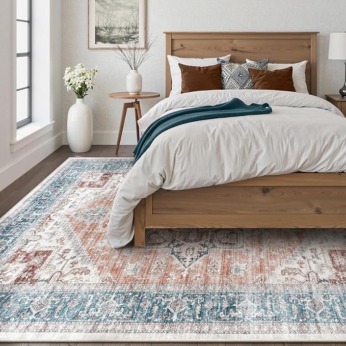 LIVEBOX 8x10 Washable Area Rug - Large Vintage Tribal Living Room Rug Oriental for Bedroom, Non-Slip Retro Medallion Carpet Print Distressed for Dining Room Guest Office