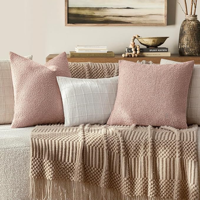 Foindtower Set of 2, Decorative Textured Boucle Throw Pillow Covers Accent Solid Pillow Cases Neutral Soft Cozy Couch Cushion Case for Chair Sofa Bedroom Living Room Home Decor 26 x 26 Inch Light Pink