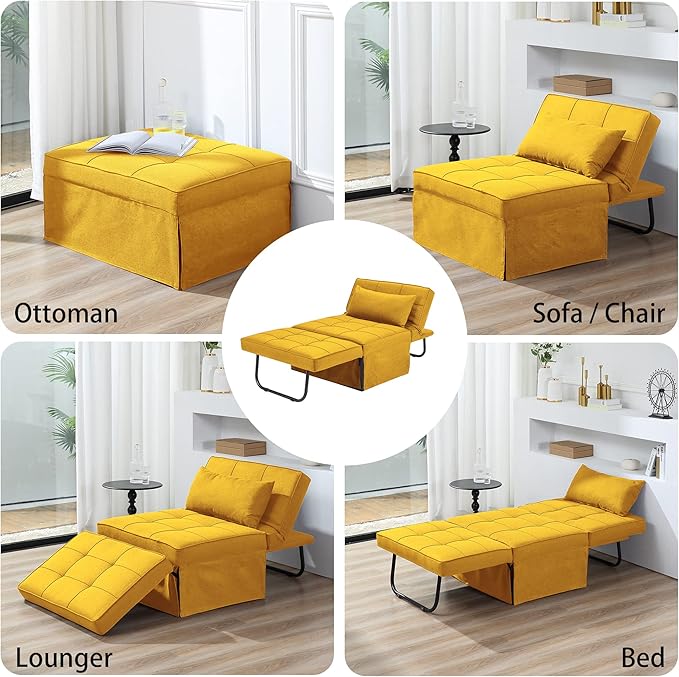 BIGSYY Sofa Bed, 4 in 1 Multi-Function Folding Ottoman Breathable Linen Couch Bed with Adjustable Backrest Modern Convertible Chair for Living Room Apartment Office, Yellow