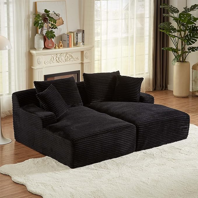 GNIXUU 78.8" Oversized Double Boneless Chaise Lounges Sofa Indoor, Comfy Modern Corduroy Compressed Cloud Couch, Upholstered Sleeper Loveseat Bed for Living Room Bedroom Apartment(Black)