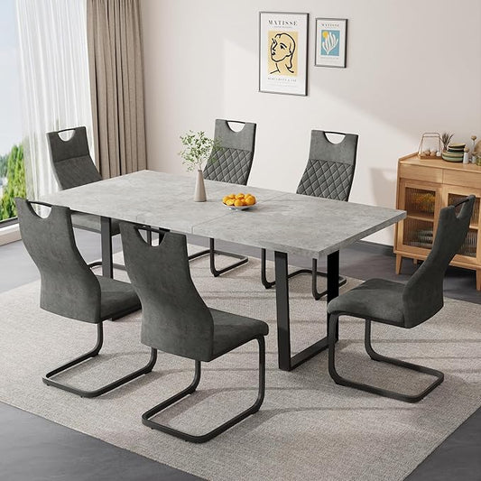 ZckyCine Modern Mid-Century Dining Table Set for 4-6 People Kitchen Dining Room Table Set Extendable Wood Dining Table and 4 Upholstered Chairs, Home Kitchen Furniture