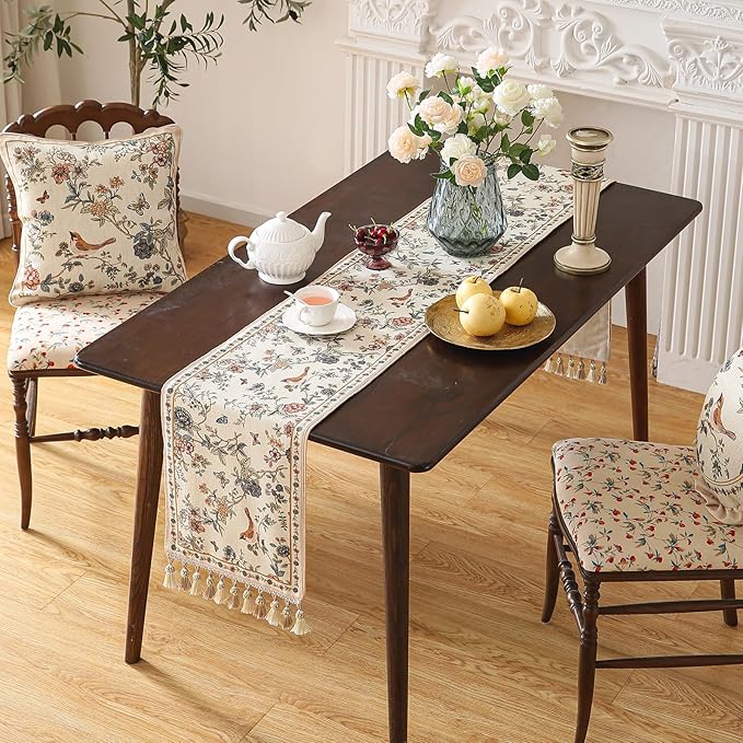 ISAENNE Designer Linen Table Runner 87 Inches Long,Elegant Floral Bird Pattern Table Runners for Dining Room,Farmhouse Rustic Kitchen Decor,Thanksgiving,Christmas,12"*87"-Cornucopia