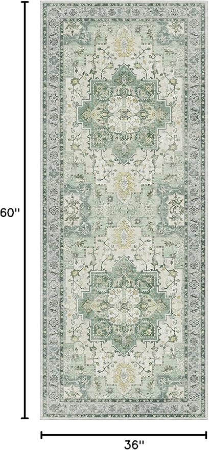 GENIMO 3x5 Area Rugs for Living Room, Machine Washable Non Slip Vintage Rugs, Low Pile Lightweight Chenille Print Rug for Bedroom, Dining Room, Home Office, Green