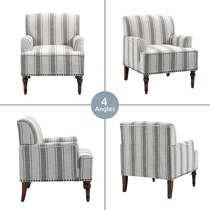 Modern Accent Chair with Arms,2 Set Mid Century Stripe Armchair for Living Room,Comfy Linen Fabric Single Sofa for Apartment Bedroom,Comfortable Cushioned Seat for Reading Home Office-Gray Stripe