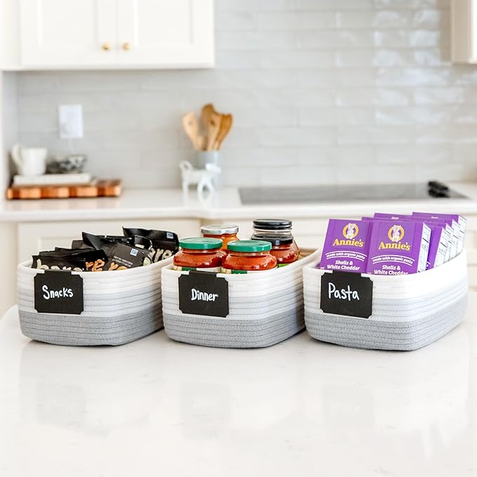 NaturalCozy 11.8"x8"x4.5” Rectangle Storage Baskets for Shelves 3 Pack | Cotton Rope Woven Small Baskets for Organizing | Small Storage Bins for Nursery, Bathroom, Closet, Shelf, Decorative, Gift