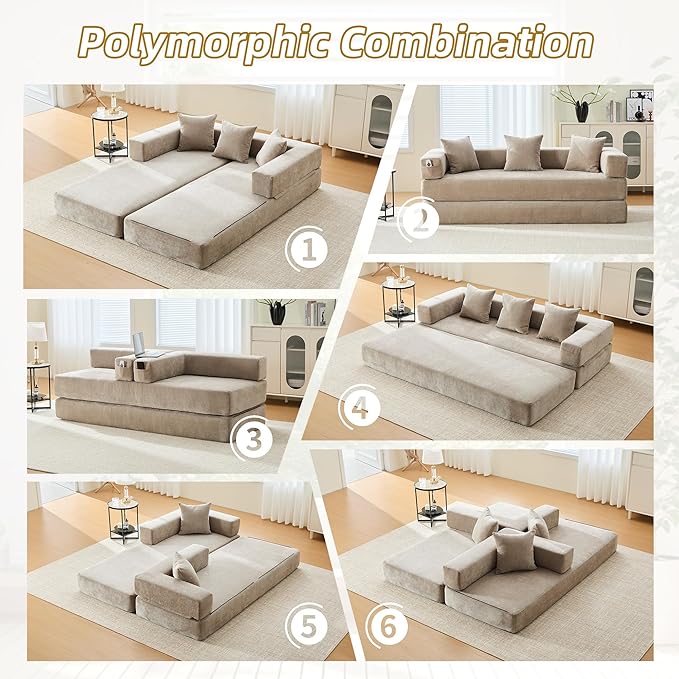 Convertible Floor Sofa Bed with Storage Pocket, Chenille Folding Mattress Sofa with Zipper Closure, Floor Lounge Couch for Living Room, Bedroom, Studio-Khaki