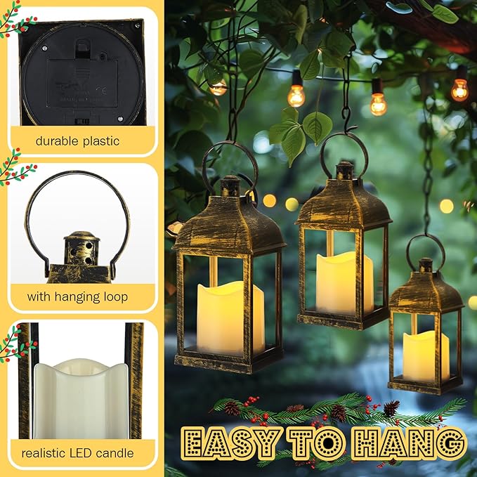 12 Set 10 Inch Bronze Decorative Candle Lanterns Bulk Lanterns Centerpiece with LED Flameless Candle Indoor Outdoor Battery Powered Hanging Lights for Wedding Halloween Thanksgiving Christmas