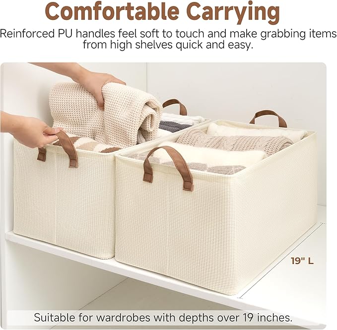 StorageWorks Storage Bins, Shelves Baskets for Organizing, 45L Extra Large Fabric Closet Organizers with Handles, Metal Frame, Beige（Texture）, 2-Pack
