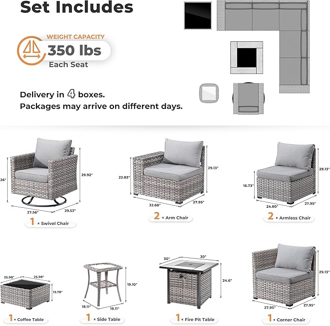 ovios 9 Pieces Patio Furniture Set, Outdoor Wicker Sectional Sofa with 30" Fire Pit Table Swivel Chair, Modern Modular Deep Seat Rattan Couch Conversation Sets, Dark Grey