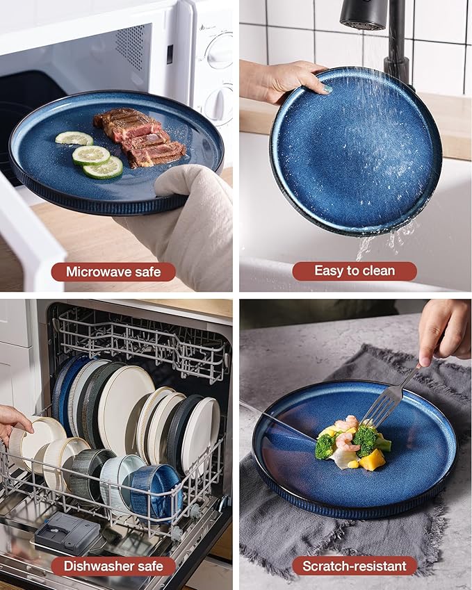 Famiware Star Dinnerware Set, Plates and Bowls Sets for 8 (24pcs), Ribbed Stoneware Dishes - Chip & Scratch Resistant, Microwave & Dishwasher Safe, Multicolor - Cappuccino White & Nebulas Blue